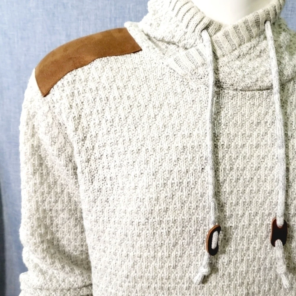X-RAY Shawl Collar Pullover Sweater Faux Suede Shoulder Patches Oatmeal Men's M